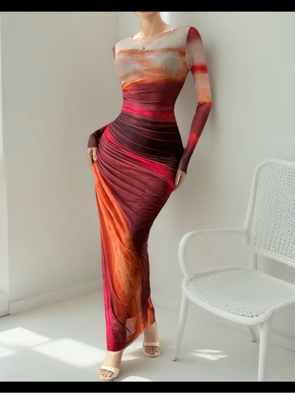 Elegant Long Sleeve Ombre Bodycon Dress in Red-Orange